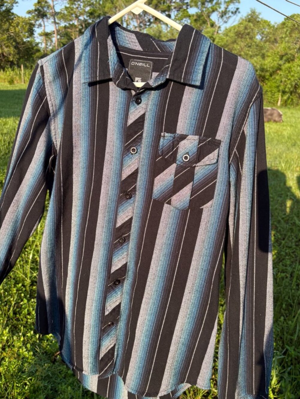 O'Neill Men's Small Long Sleeve Vertical Stripe Button Up Shirt Blue Black Gray